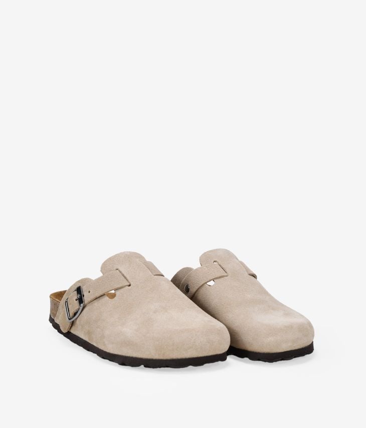 Beige leather clogs with buckle and cork sole