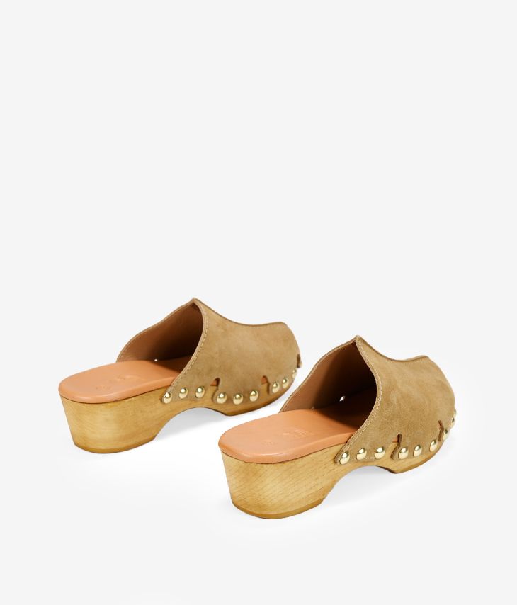 Beige split leather clogs with studs