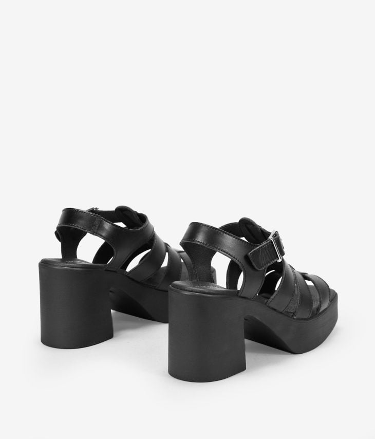 Sandali in pelle nera con tacco largo