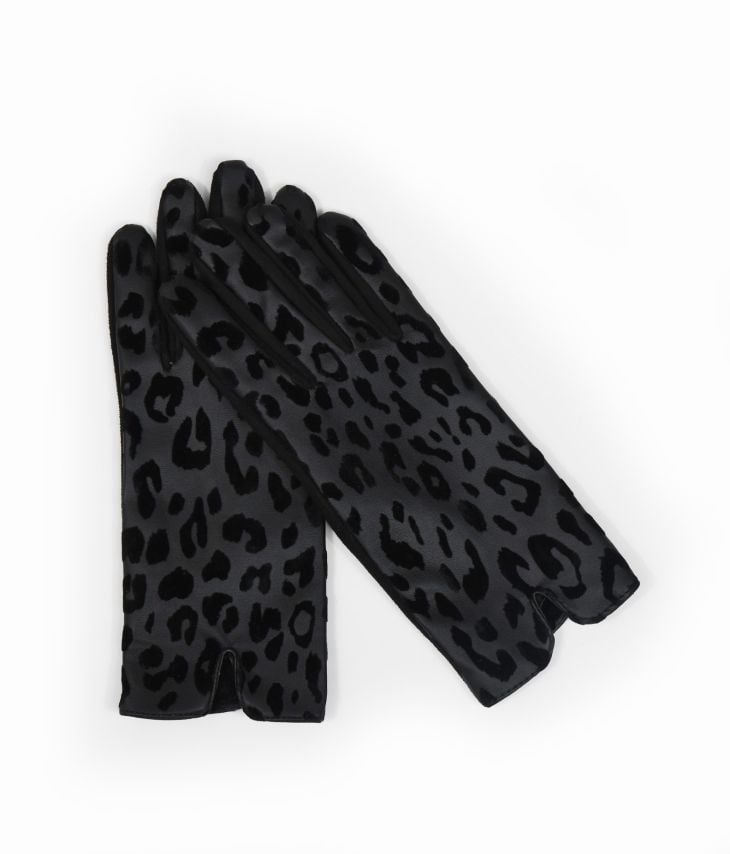 Schwarze Handschuhe mit Leopardeneffekt