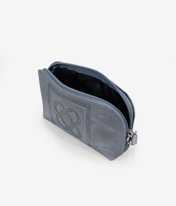 Gray leather purse with Barcelona flower