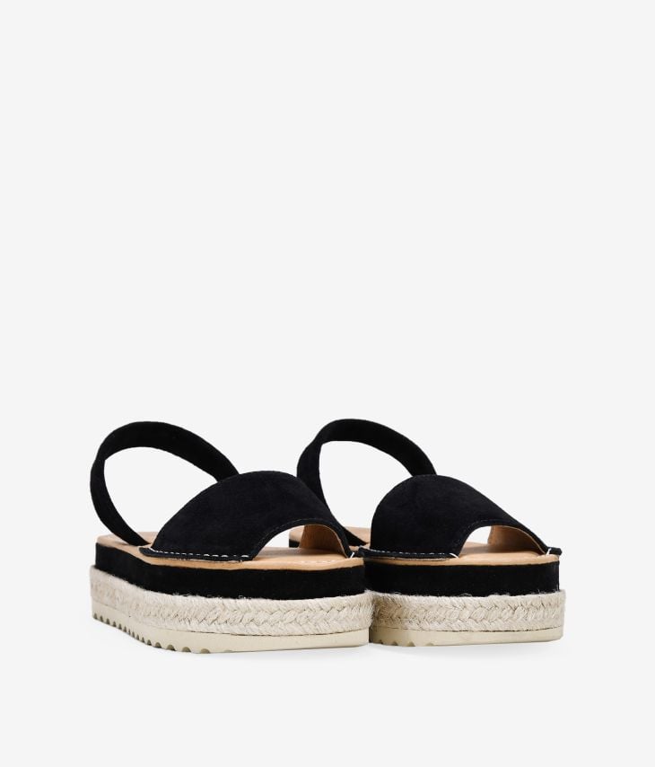Black espadrilles in leather with esparto grass