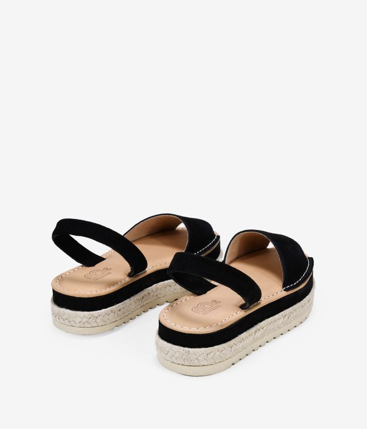 Black espadrilles in leather with esparto grass