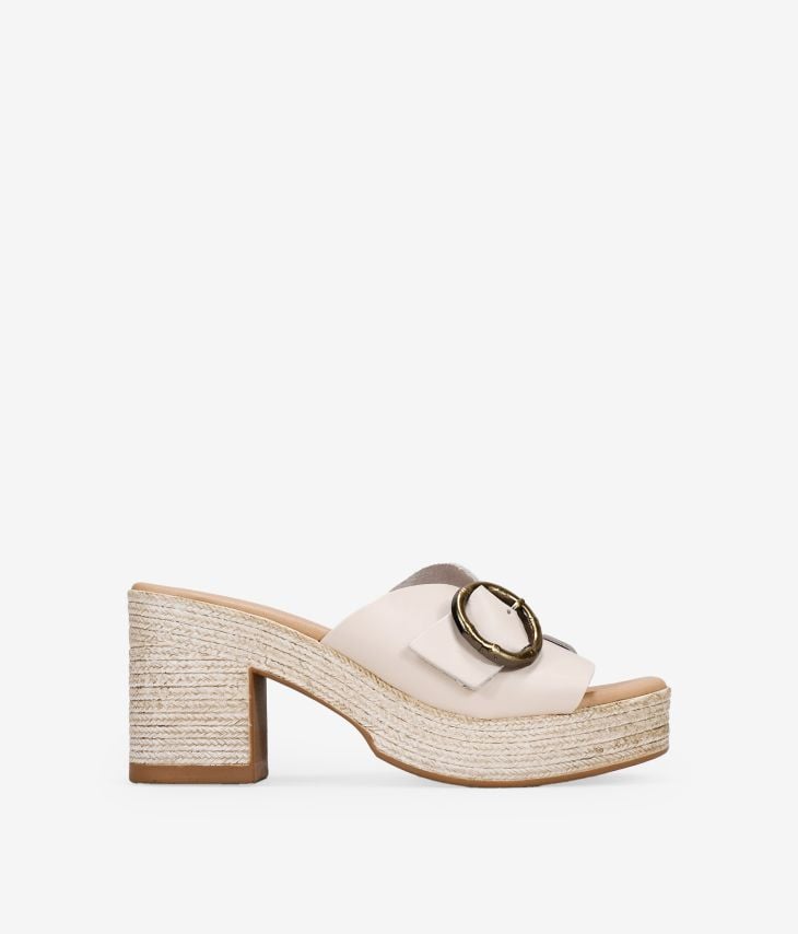 Beige leather slingback sandals with esparto effect heel