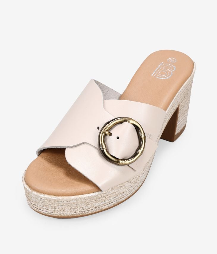 Beige leather slingback sandals with esparto effect heel