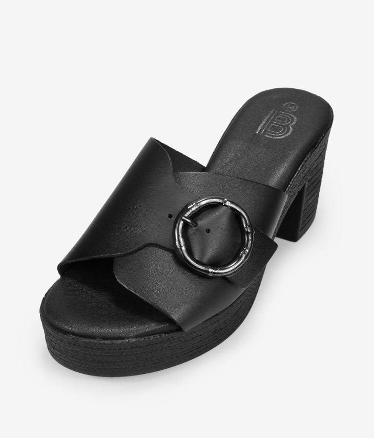 Black leather slingback sandals with esparto effect heel