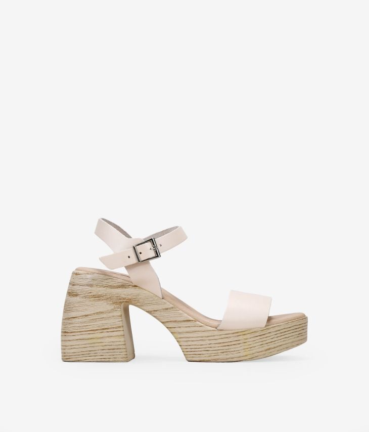 Beige leather sandals with wide heels