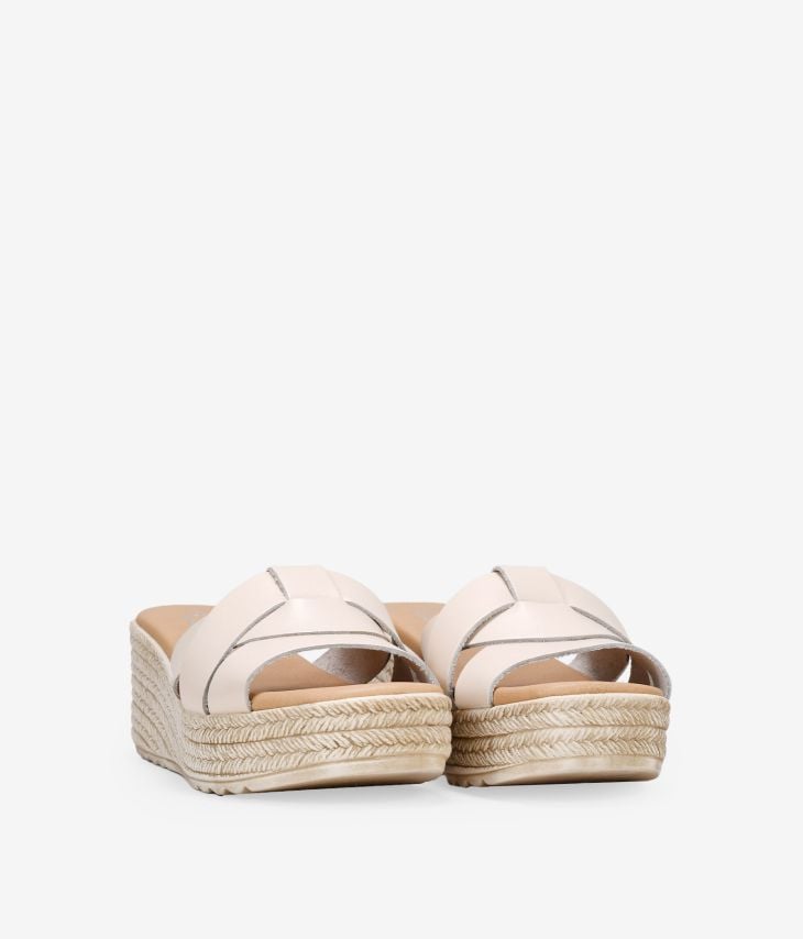 Beige leather slingback sandals with esparto wedge 