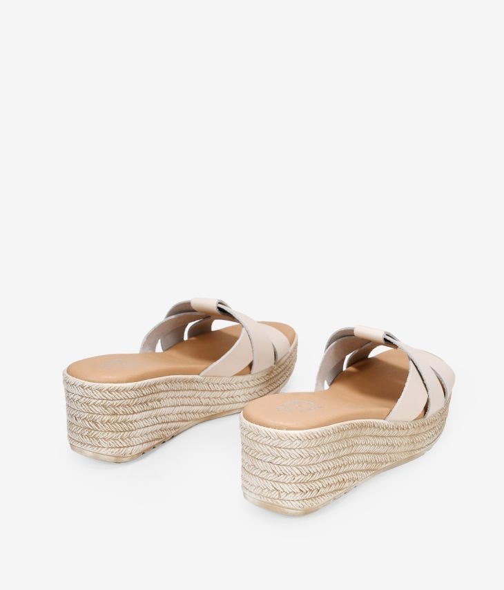 Beige leather slingback sandals with esparto wedge 