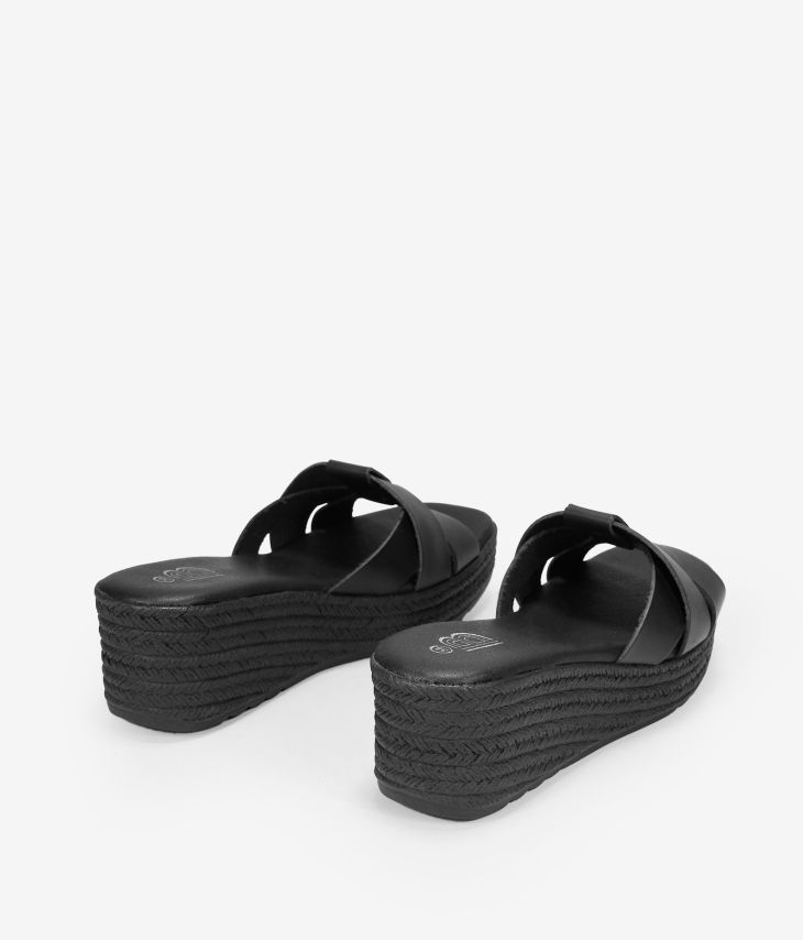 Black leather slingback sandals with esparto wedge 