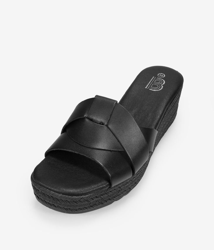 Slingback-Sandalen aus schwarzem Leder mit Esparto-Keilabsatz 
