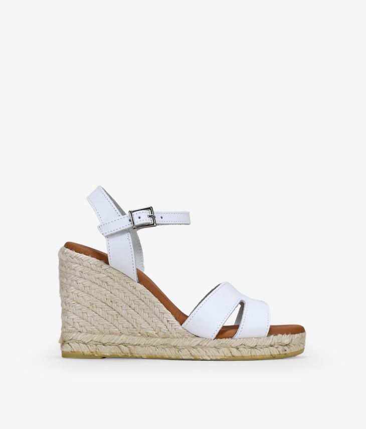 White leather sandals with esparto wedge