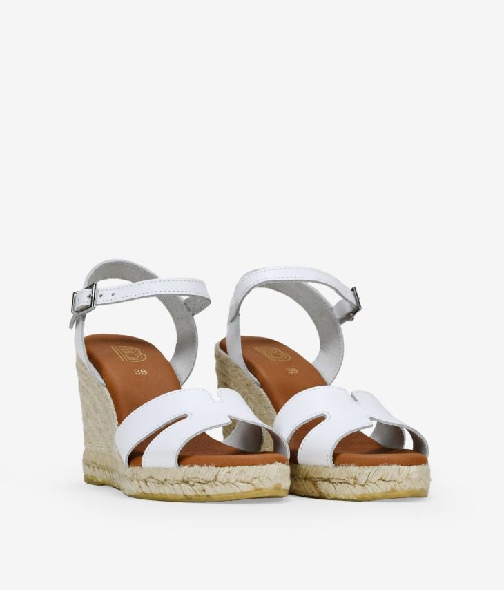 White leather sandals with esparto wedge
