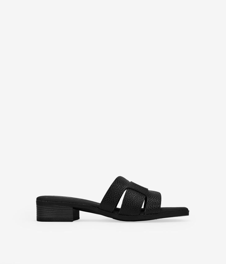 Schwarze Slingback-Sandalen aus Leder mit niedrigem Absatz