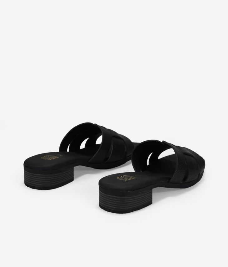Schwarze Slingback-Sandalen aus Leder mit niedrigem Absatz