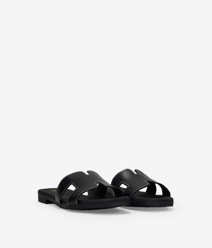 Flat black leather sandals with padded insole