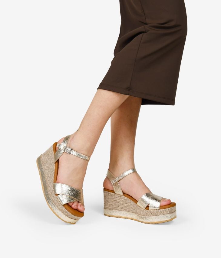 Gold leather wedge and platform sandals 