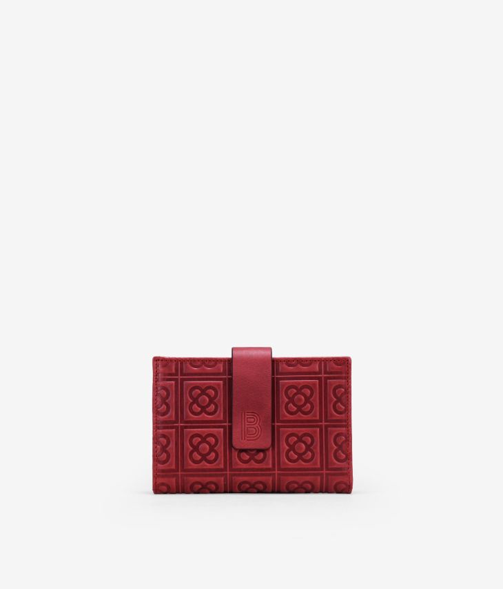 Medium red leather wallet with Barcelona flower