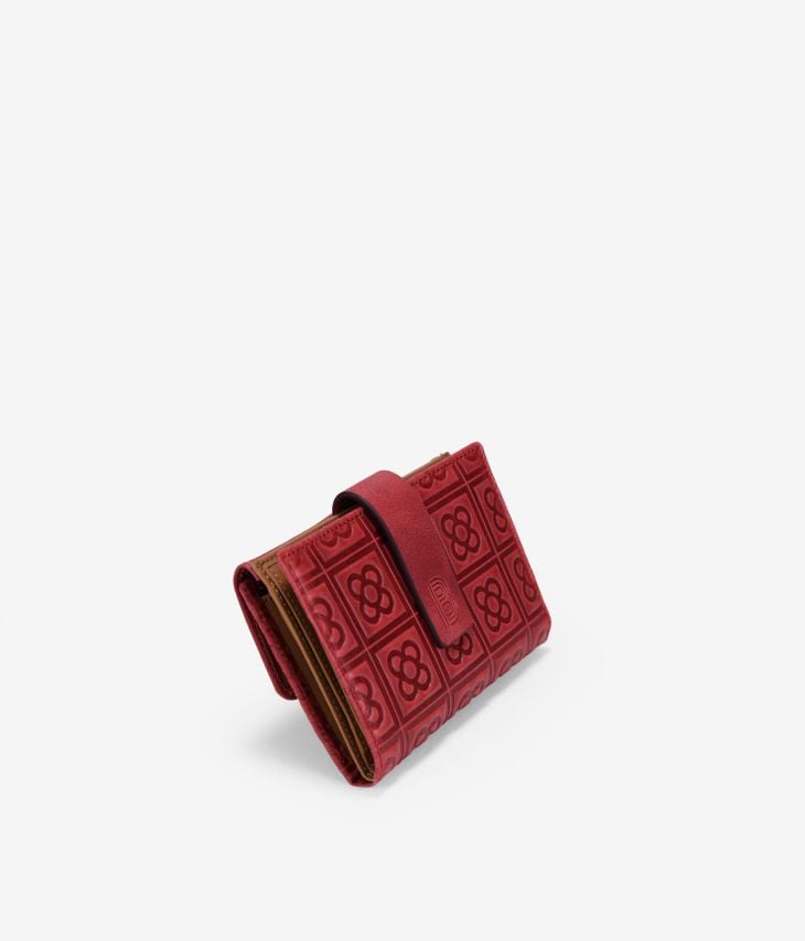 Medium red leather wallet with Barcelona flower