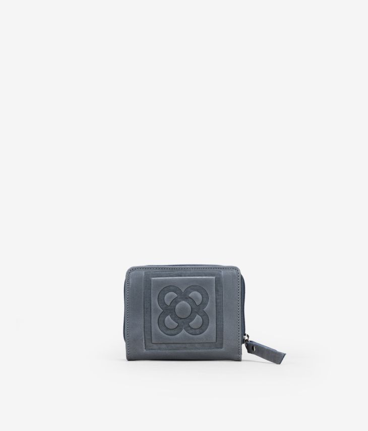 Kleines Portemonnaie aus grauem Leder mit Barcelona-Blume
