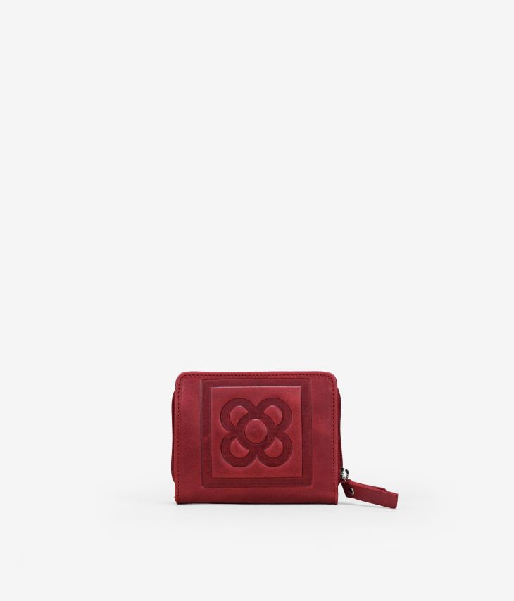 Small red leather wallet with Barcelona flower