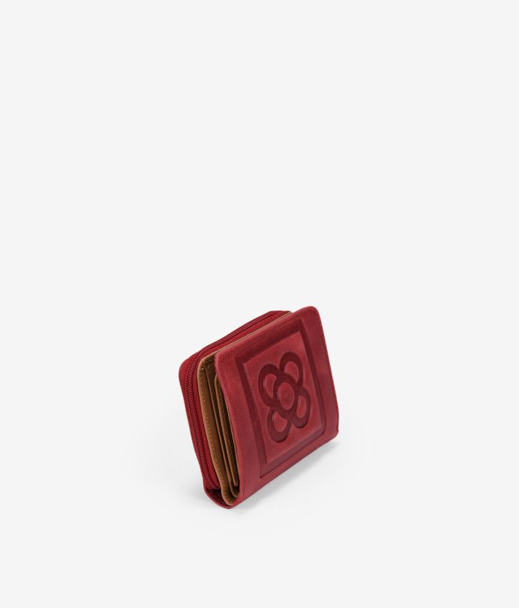 Small red leather wallet with Barcelona flower
