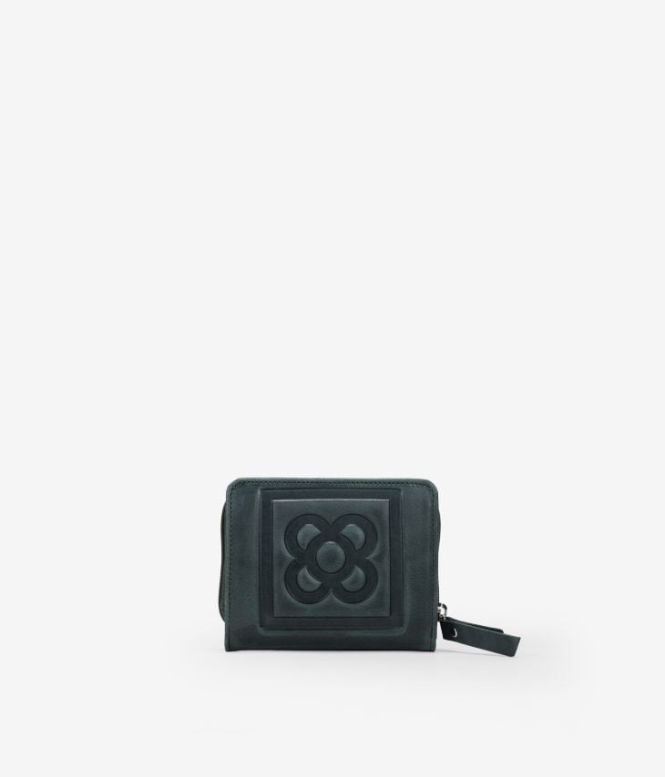 Small green leather wallet with Barcelona flower