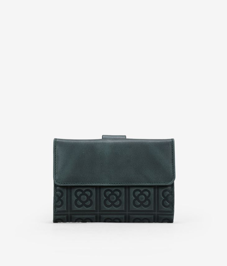 Green leather wallet with Barcelona flower