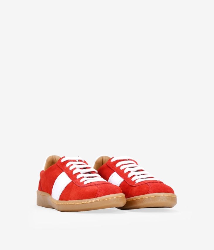 Red leather sneakers with caramel soles