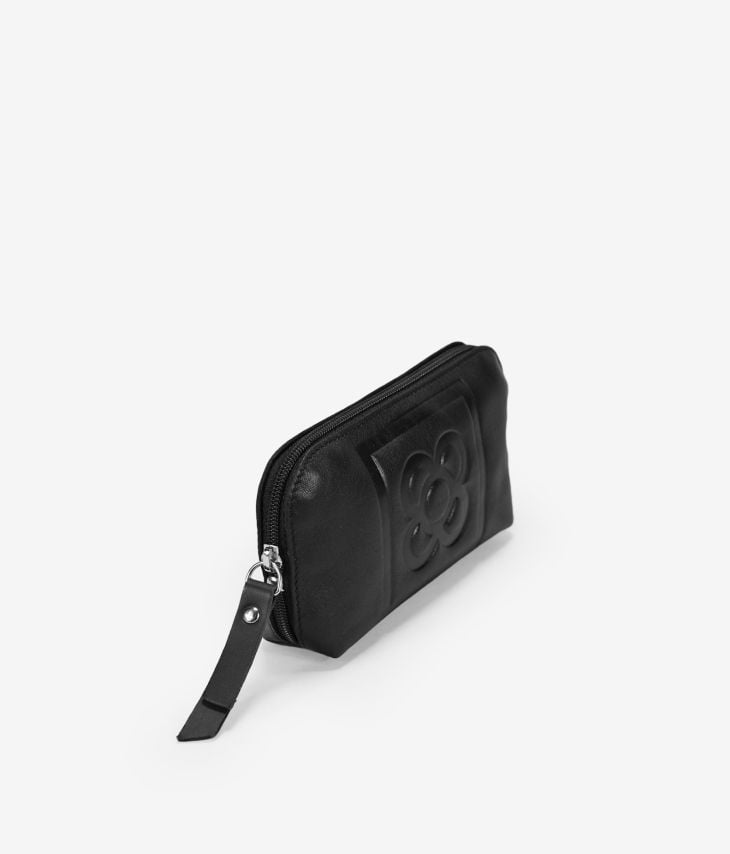 Black leather purse with Barcelona flower