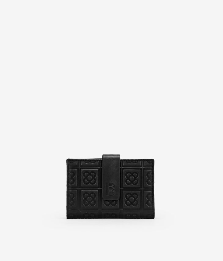 Medium black leather wallet with Barcelona flower