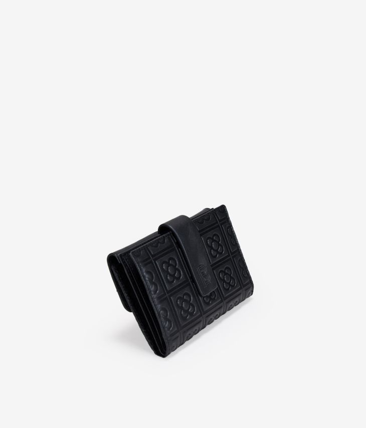 Medium black leather wallet with Barcelona flower