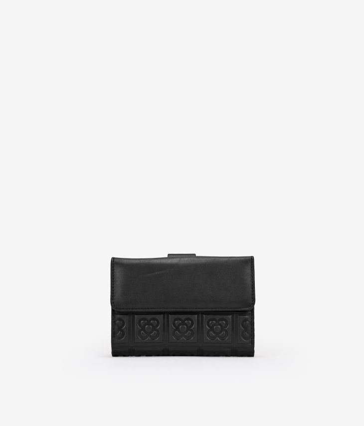 Mittelgroße Geldbörse aus schwarzem Leder mit Barcelona-Blume