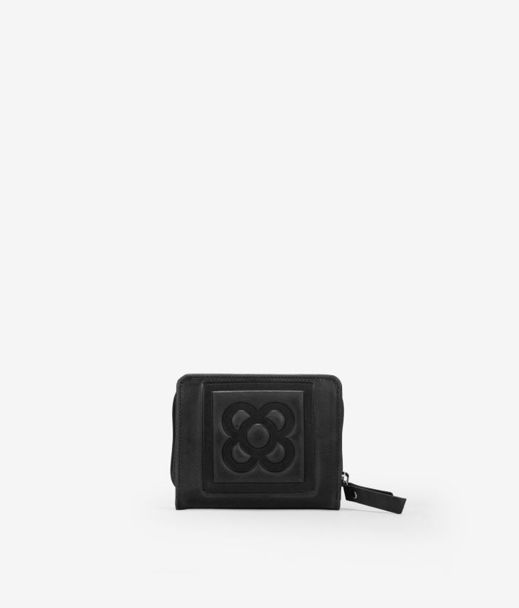 Small black leather wallet with Barcelona flower
