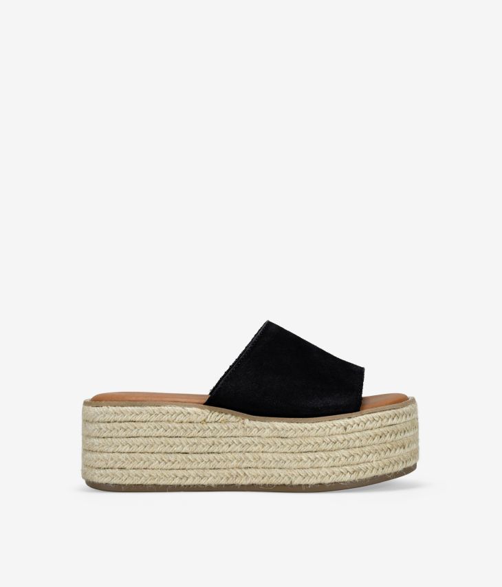 Black leather sandals with esparto platform 