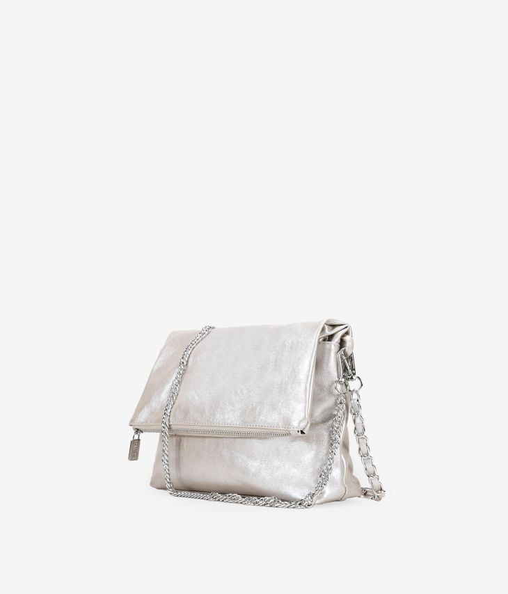 Silver Shoulder Bag with Flap and Chain