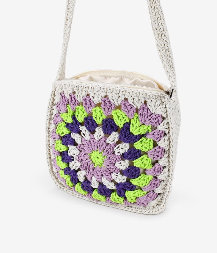 Bolso de crochet cuadrado lila y multicolor 