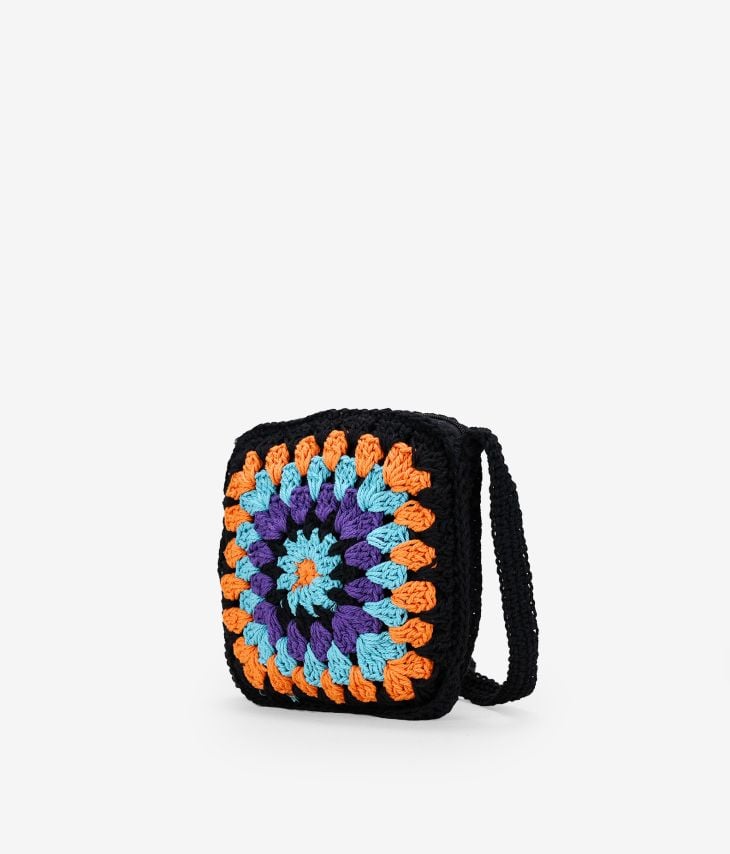Bolso de crochet cuadrado negro y multicolor 