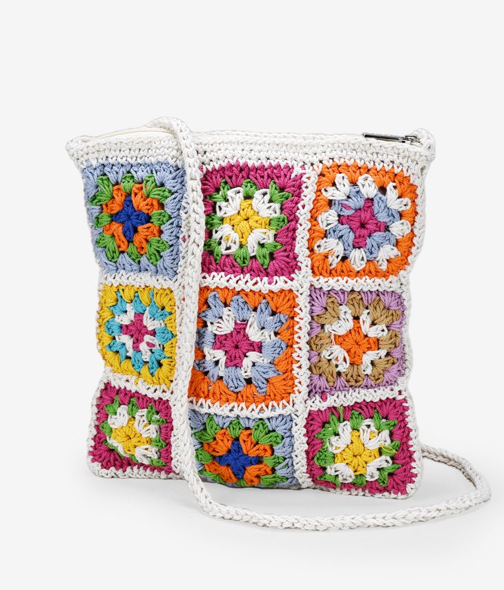 Bolso crochet mediano tipo bandolera con flores multicolor 