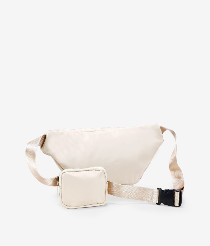 Bolsa de cintura em nylon bege com bolso