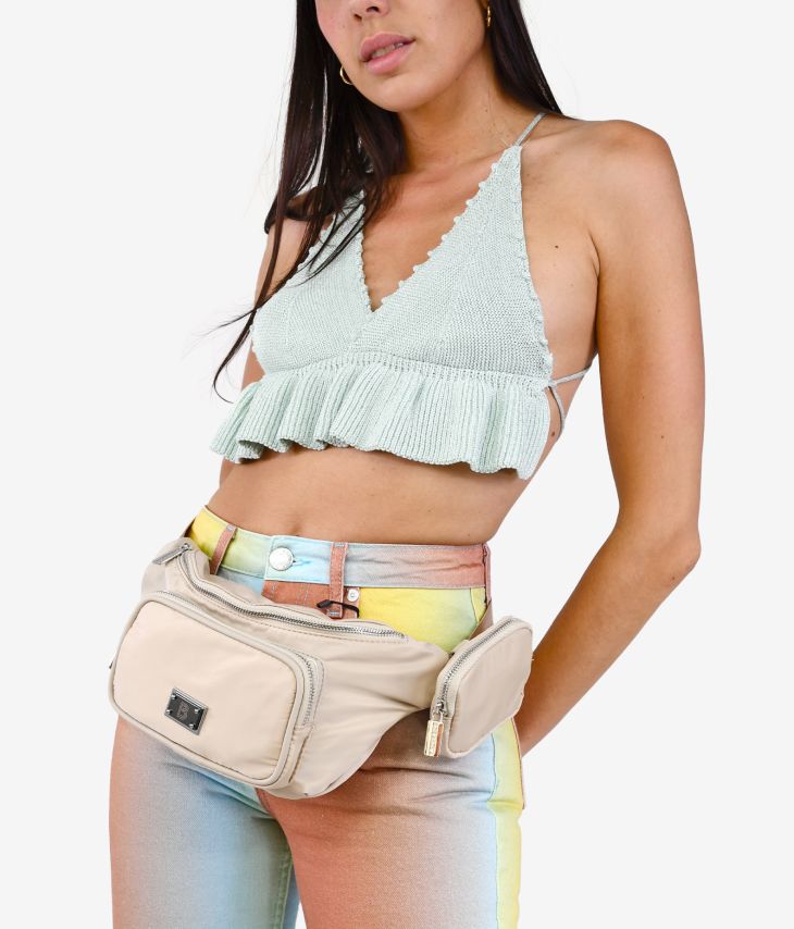 Bolsa de cintura em nylon bege com bolso
