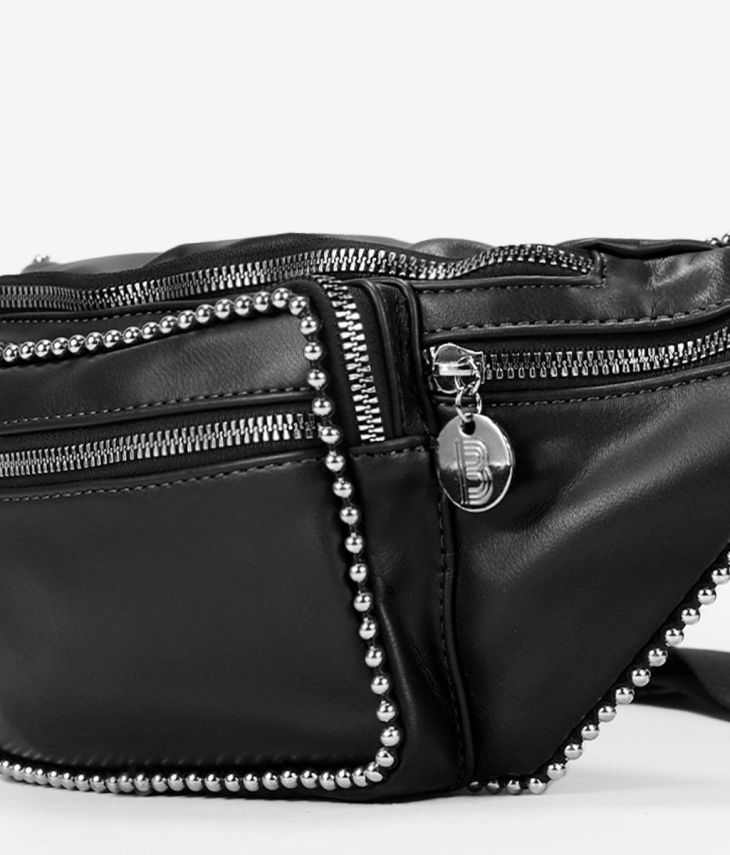 Black belt bag with studs and chain