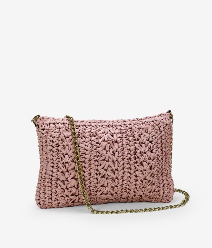 Bolso de rafia rosa con asa de cadena