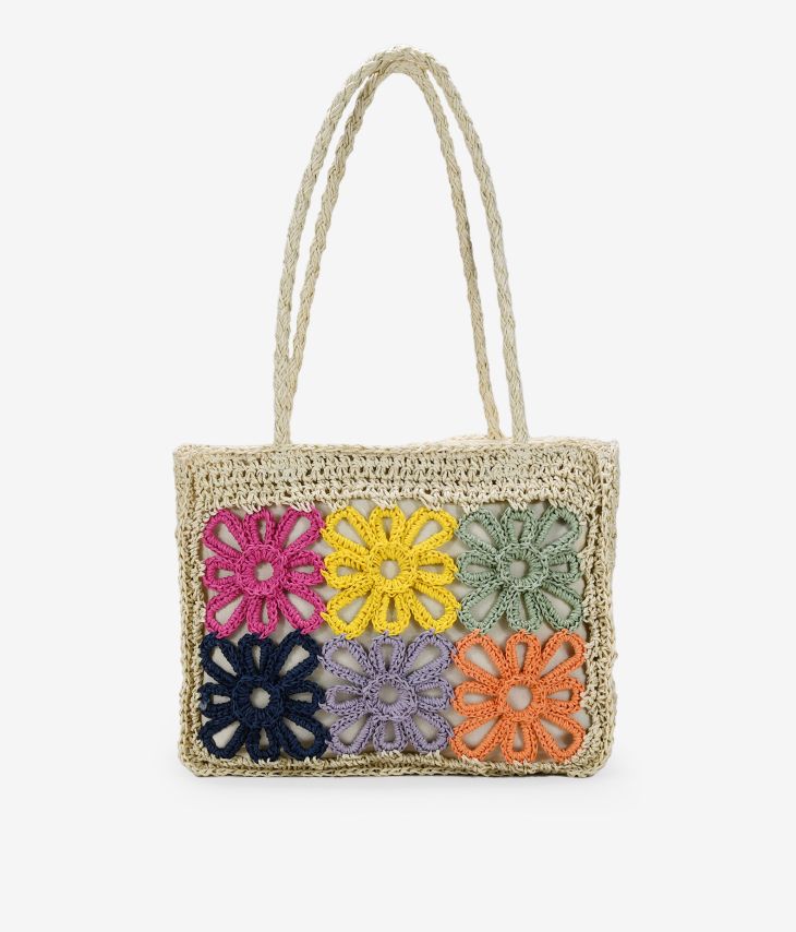 Bolsa de ráfia bege com flores multicoloridas