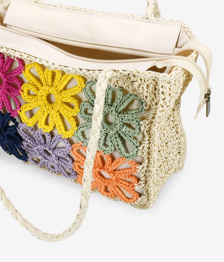 Bolso de rafia beige con flores multicolor