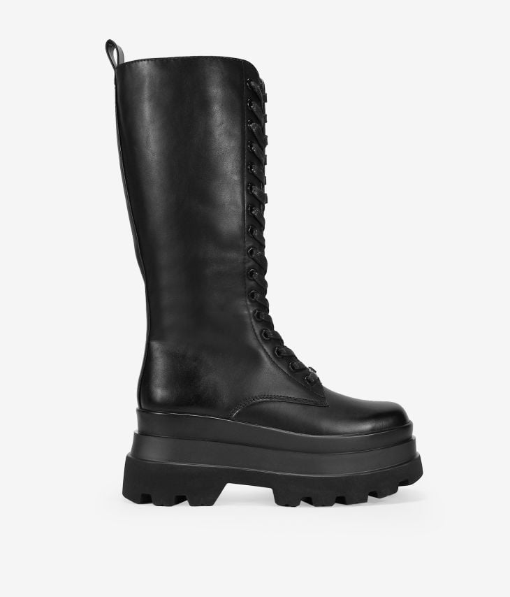 Black tall military boots with square toe and XL platform