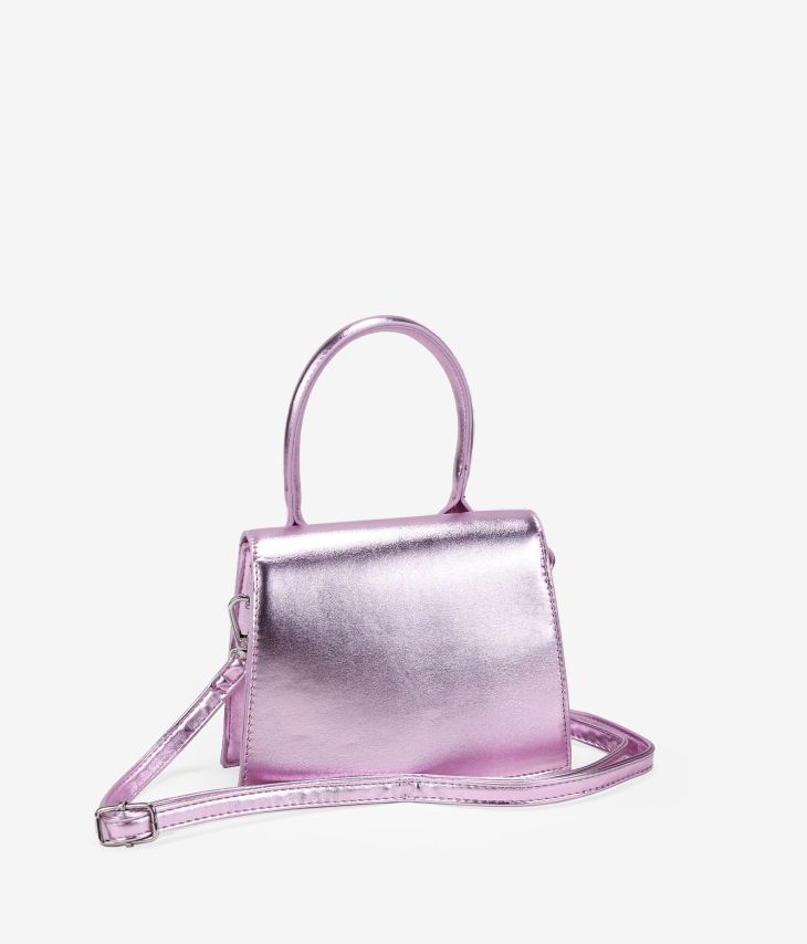 Bolso pequeño rosa metalizado con solapa y logo