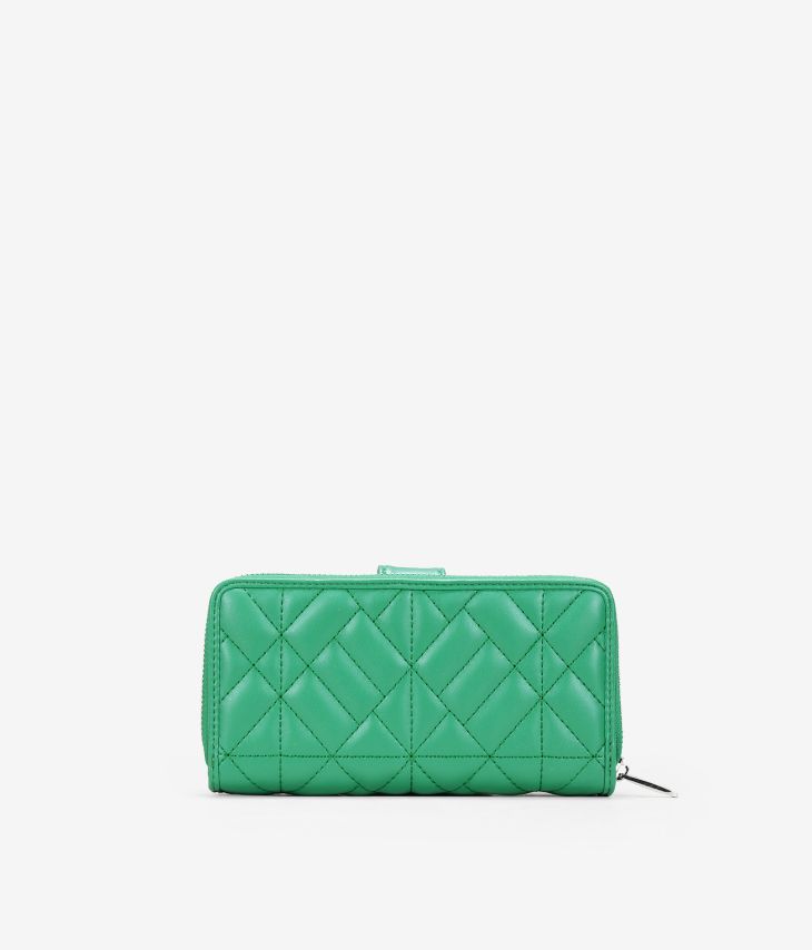 Large green vegan leather wallet with zipper and compartments