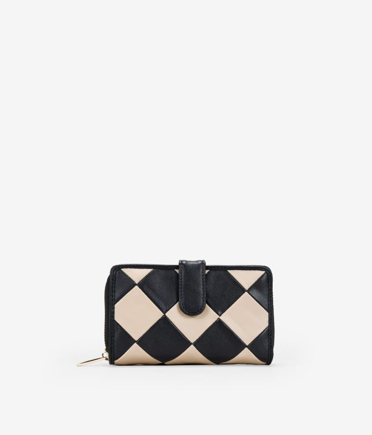 Medium vegan leather wallet with beige and black rhombuses