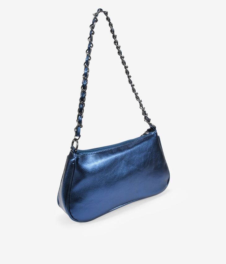 Bolsa tiracolo azul metalizada com corrente